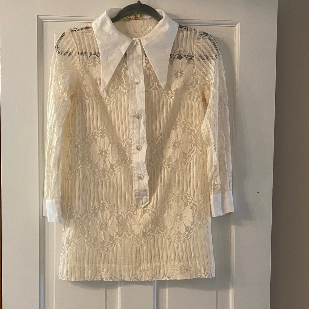 Sheer Lace Button-Front Tunic with Pointed Collar - Cream-Unique Vintage Find
